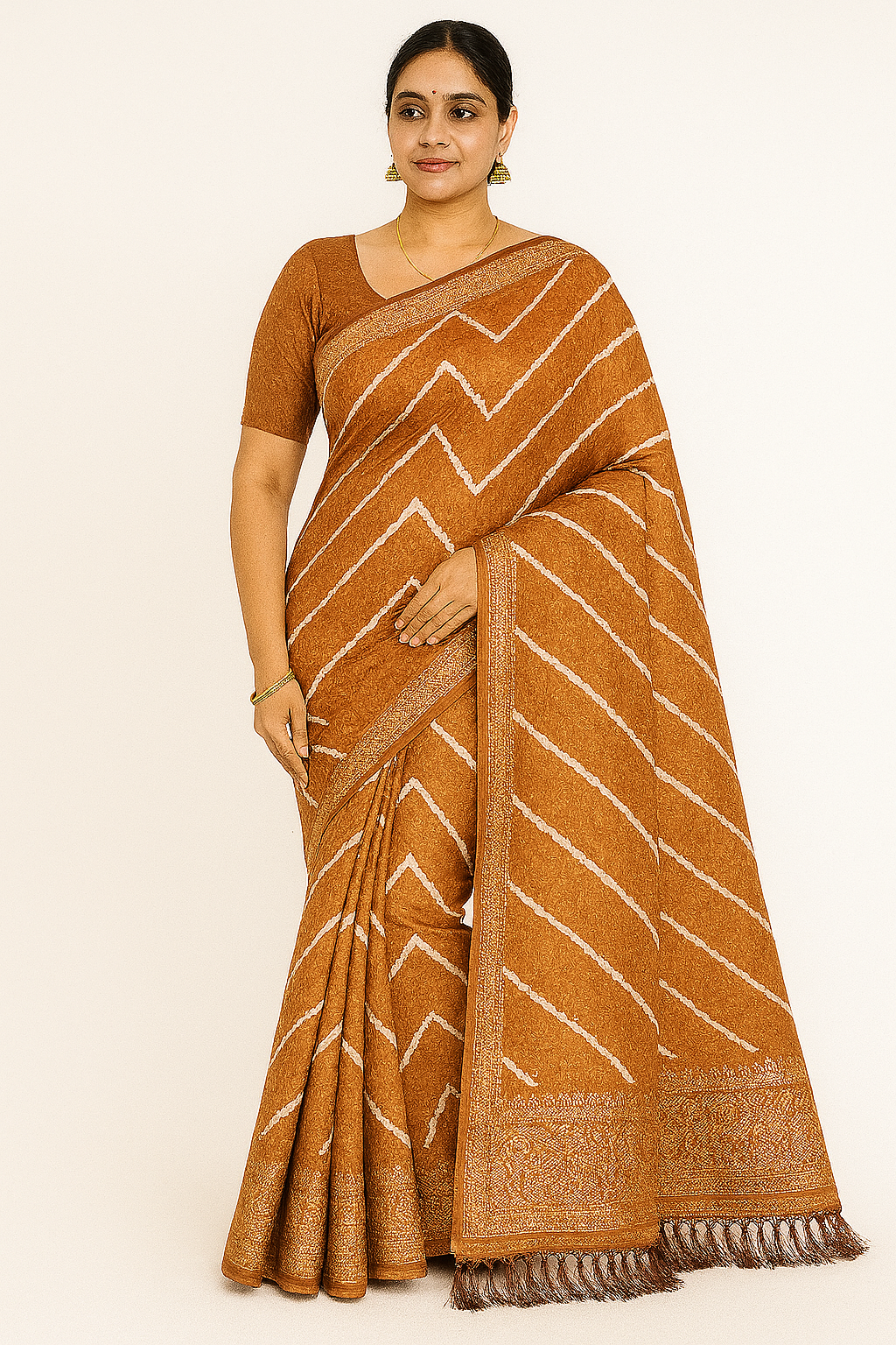 Women’s Banarasi Silk Saree – Copper Brown Zig-Zag Pattern with Rich Zari Border