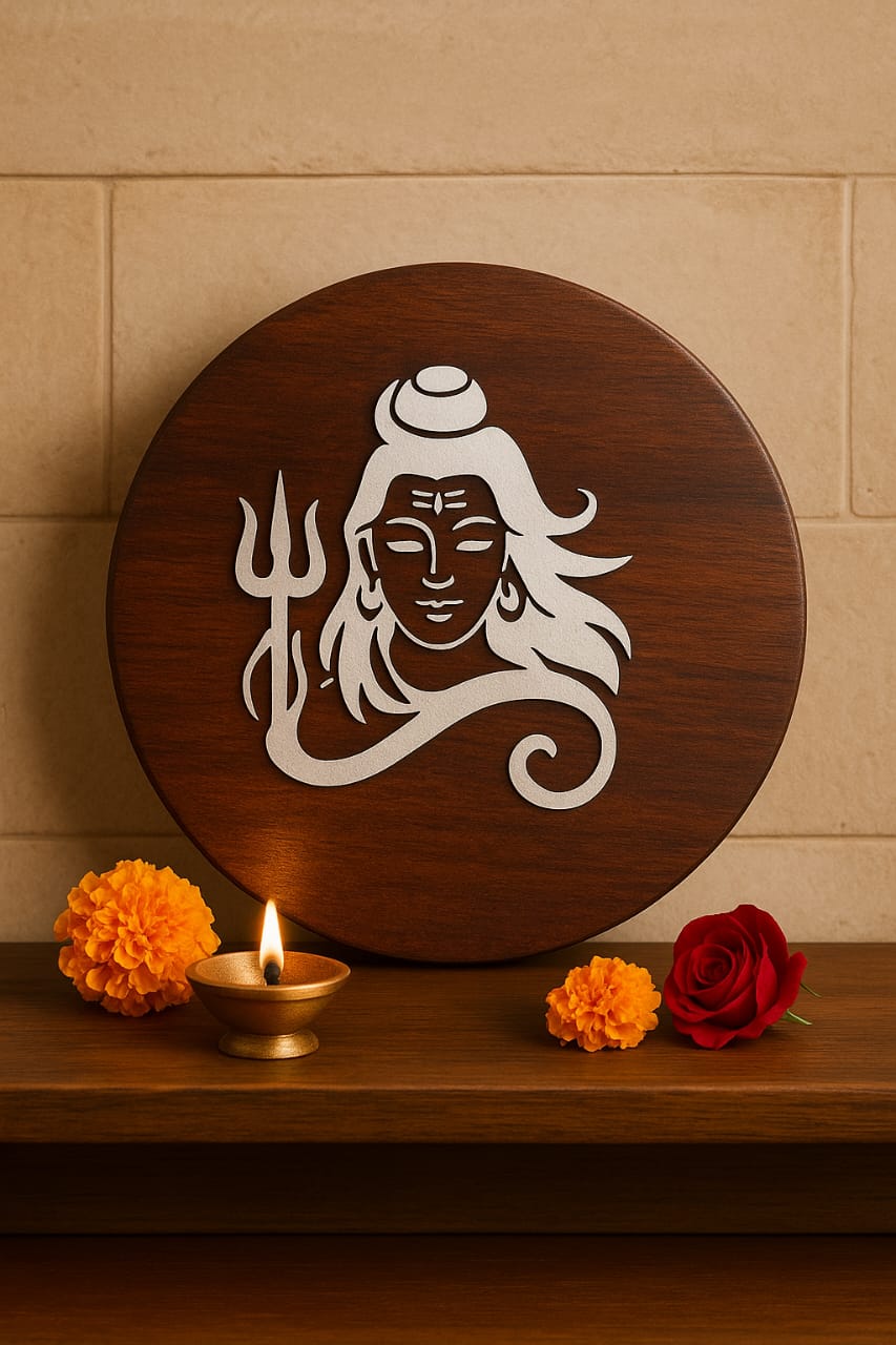 Wooden Wall Art of Lord Shiva – Round Trishul Design for Home Mandir & Meditation Corners